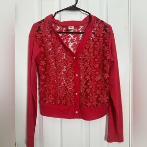 Abella Cherry Red Lace Overlay Cardigan NWOT